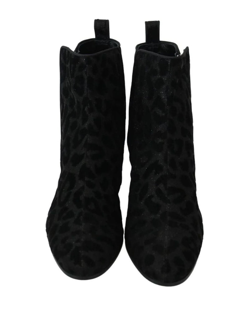 Dolce & Gabbana Black Leopard Short Boots Zipper Shoes Boots