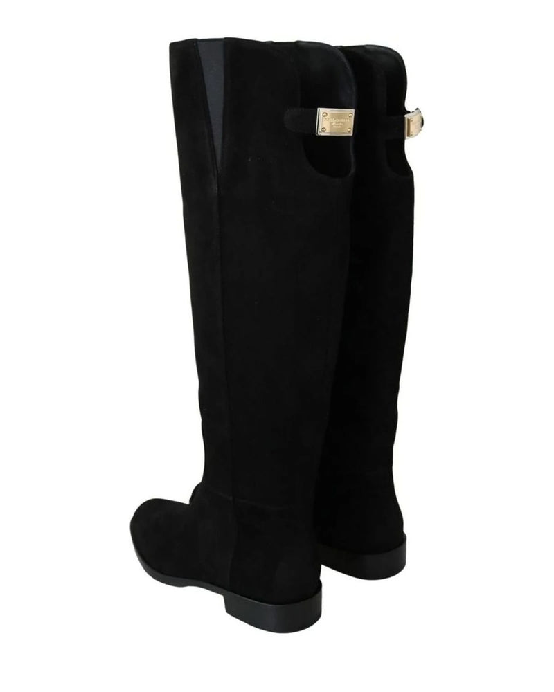 Dolce & Gabbana Black Suede Knee High Flat Boots Boots