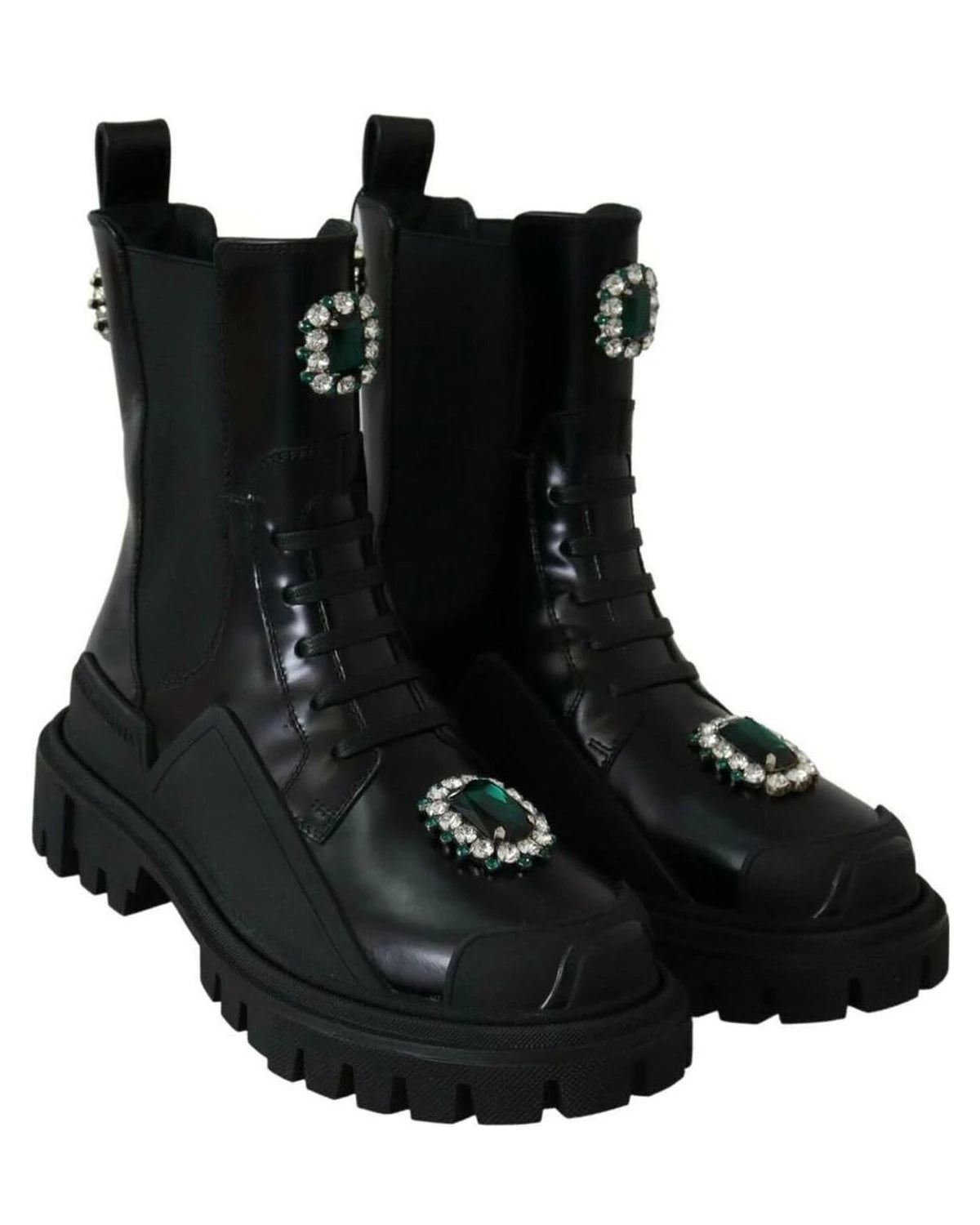 Dolce & Gabbana Black Leather Crystal Combat Boots Boots
