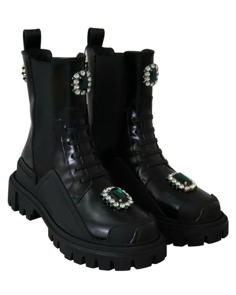 Dolce & Gabbana Black Leather Crystal Combat Boots Boots