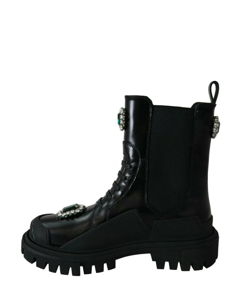 Dolce & Gabbana Black Leather Crystal Combat Boots Boots
