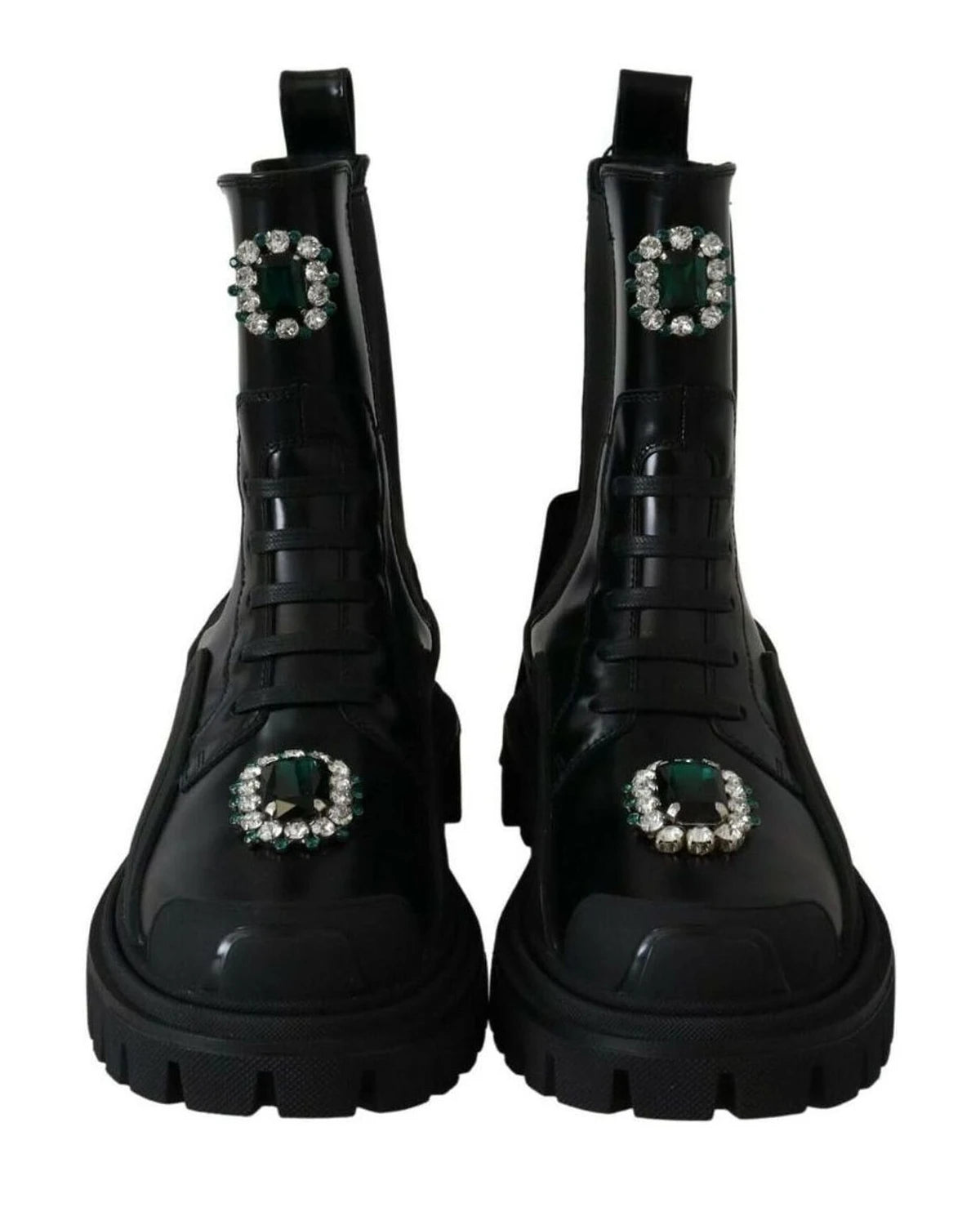 Dolce & Gabbana Black Leather Crystal Combat Boots Boots