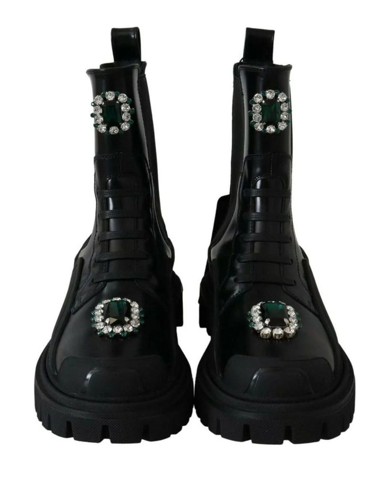 Dolce & Gabbana Black Leather Crystal Combat Boots Boots