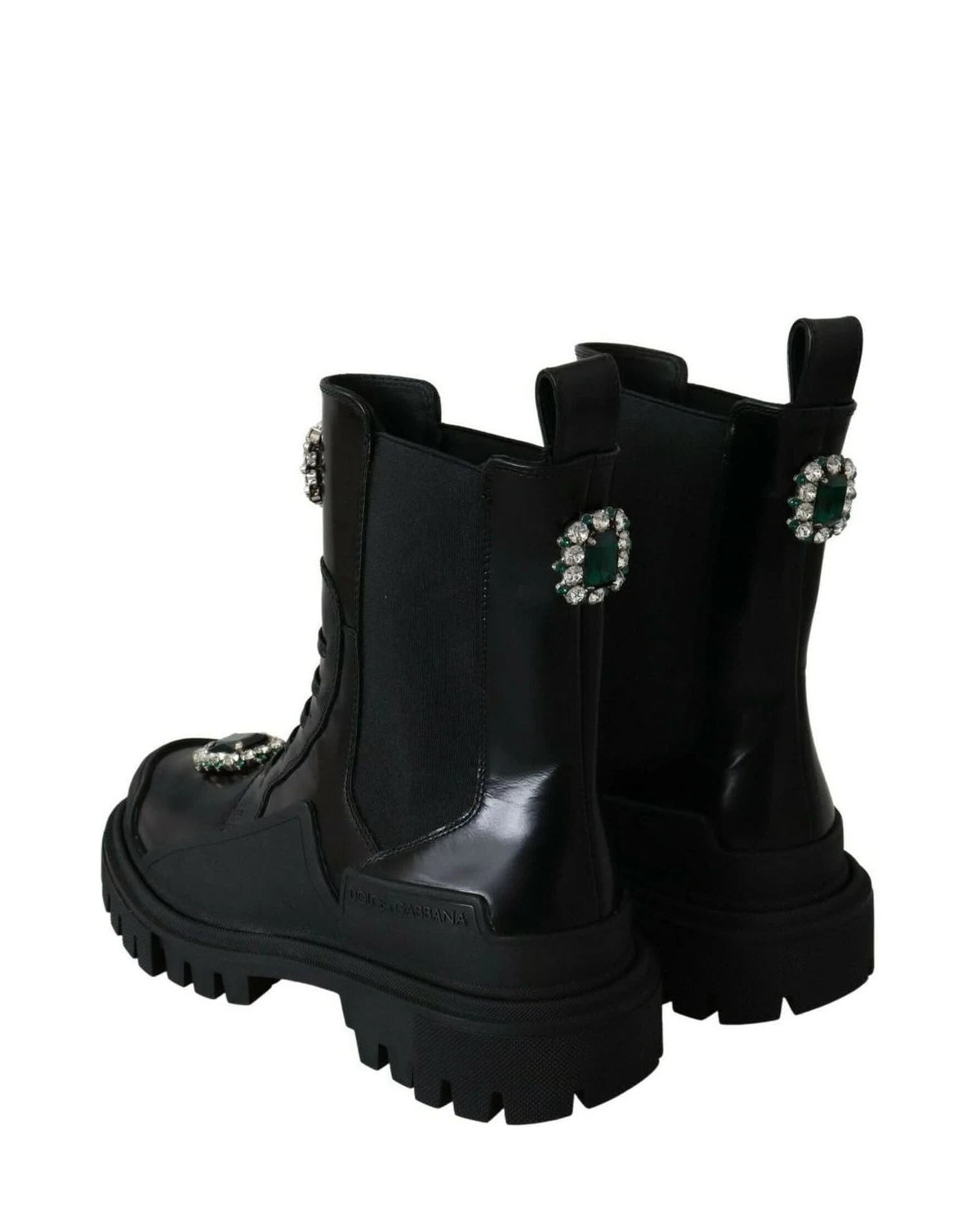 Dolce & Gabbana Black Leather Crystal Combat Boots Boots