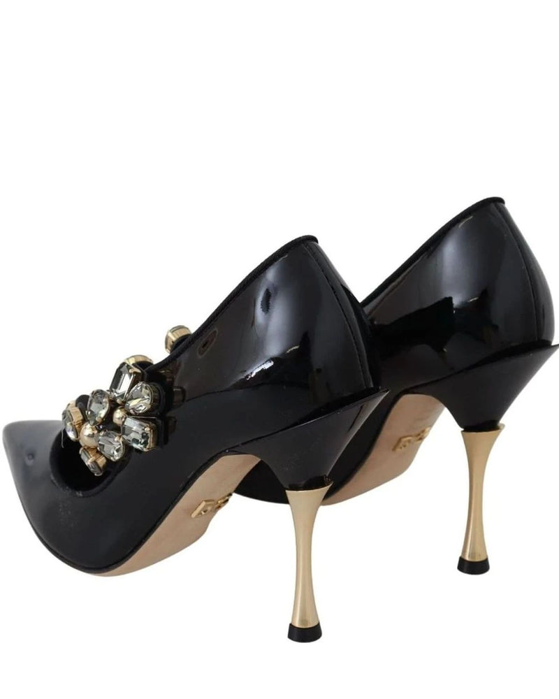 Dolce & Gabbana Black Leather Crystal Shoes Mary Jane Pumps Heels