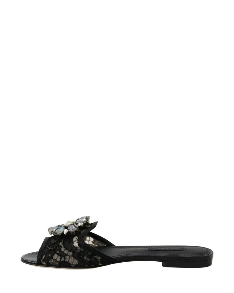 Dolce & Gabbana Black Lace Taormina Slides Crystals Flats Shoes Flats