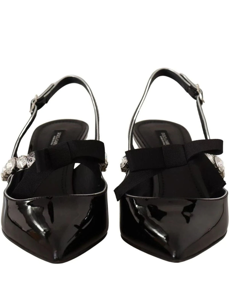 Dolce & Gabbana Black Leather Patent Crystal Slingbacks Shoes Heels