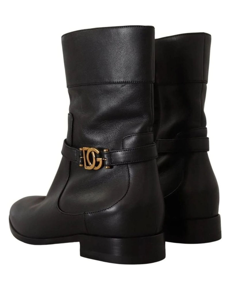 Dolce & Gabbana Black Leather Flats Logo Short Boots Boots