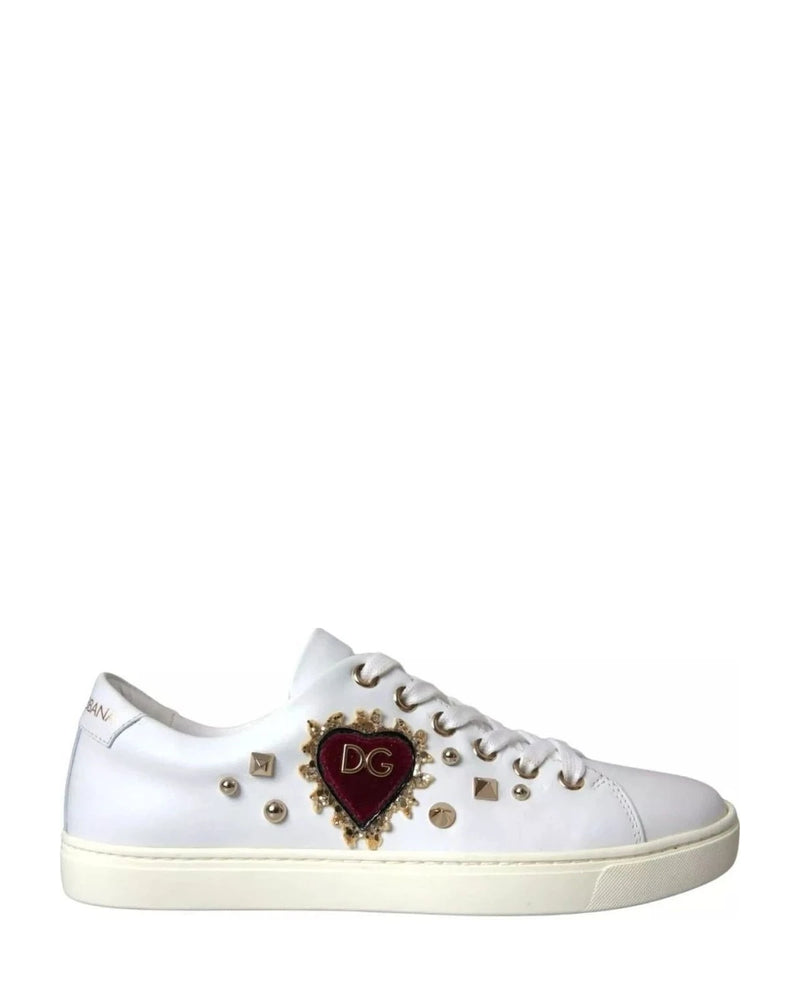 Dolce & Gabbana White Leather Gold Red Heart Sneakers Shoes Sneakers