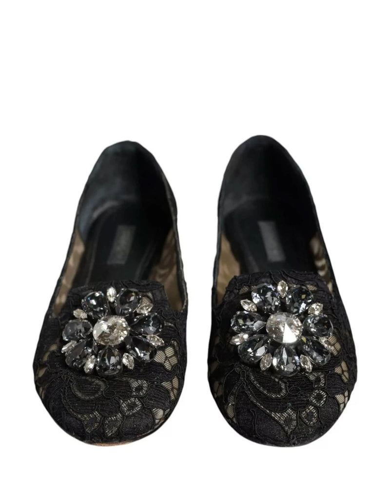 Dolce & Gabbana Black Lace Crystal Ballet Flats Loafer Shoes Flats