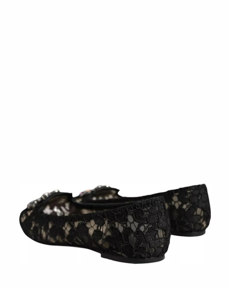 Dolce & Gabbana Black Lace Crystal Ballet Flats Loafer Shoes Flats