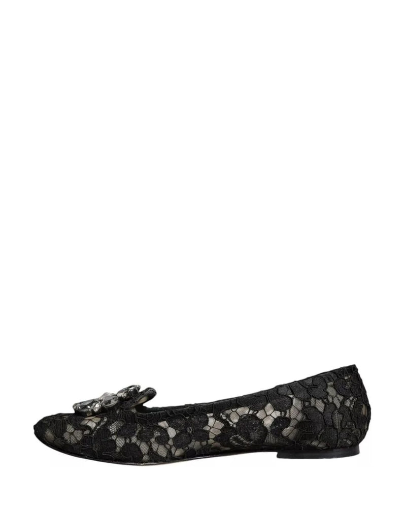 Dolce & Gabbana Black Lace Crystal Ballet Flats Loafer Shoes Flats