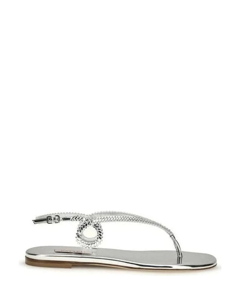 Casadei Silver Calf Leather Bos Taurus Flat Sandals 