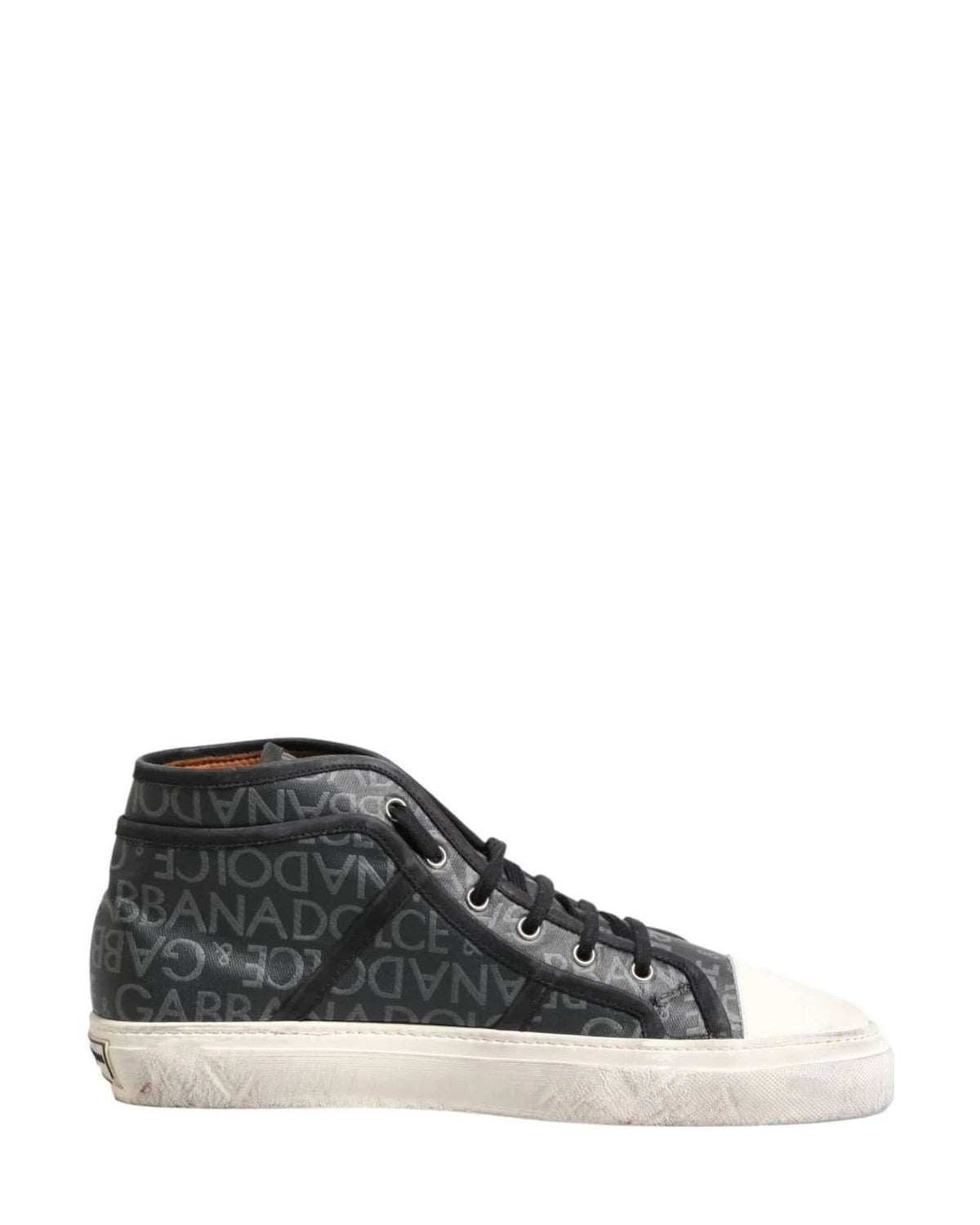 Dolce & Gabbana Black Canvas White Logo Mid Top Sneakers Shoes 