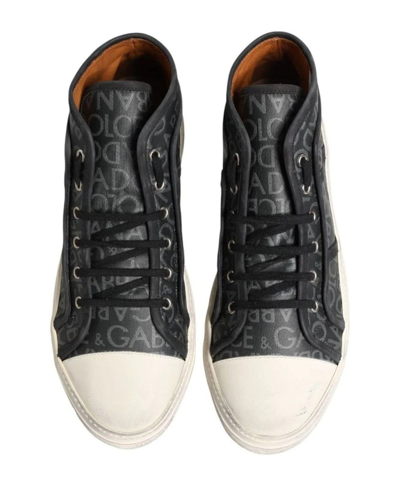 Dolce & Gabbana Black Canvas White Logo Mid Top Sneakers Shoes 
