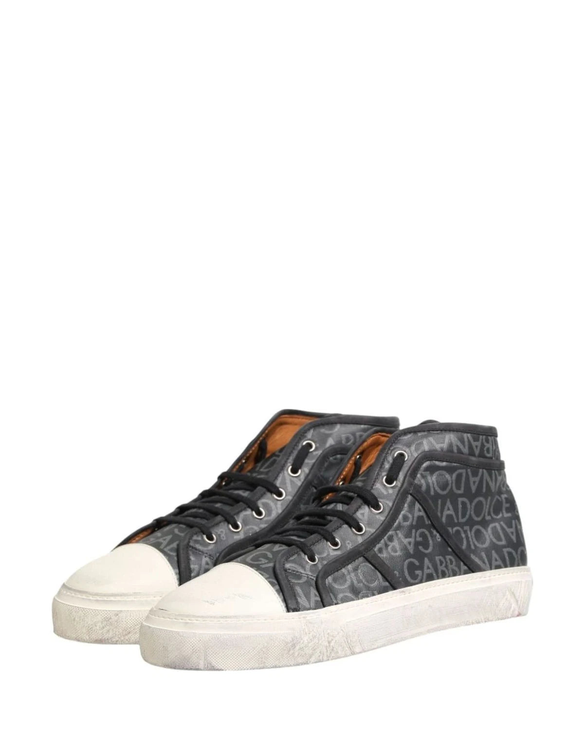 Dolce & Gabbana Black Canvas White Logo Mid Top Sneakers Shoes 