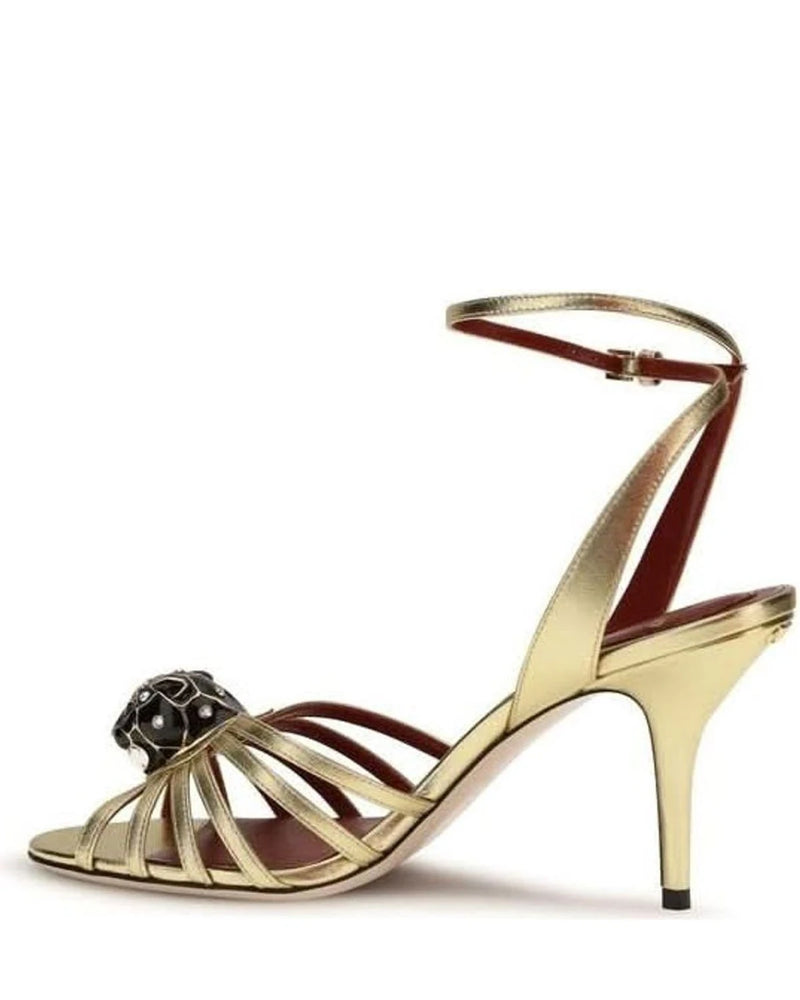 Valentino Garavani Gold Calf Leather Bos Taurus Stiletto Heel Sandals 