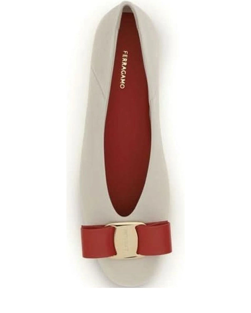 Ferragamo White Calf Leather Bos Taurus Ballet Flats 