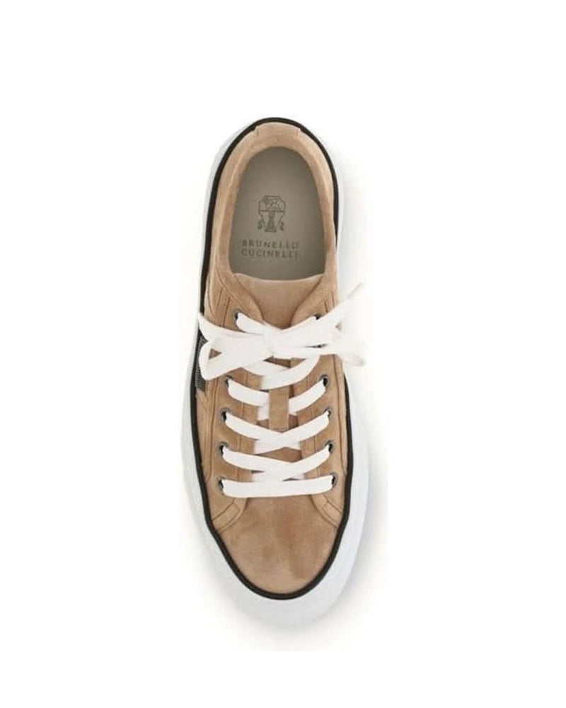 Brunello Cucinelli Beige Calf Leather Bos Taurus Low Top Sneakers 