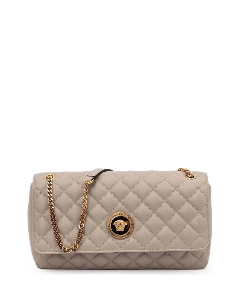 Versace Taupe Leather Quilted Shoulder Strap Bag Glam Steals
