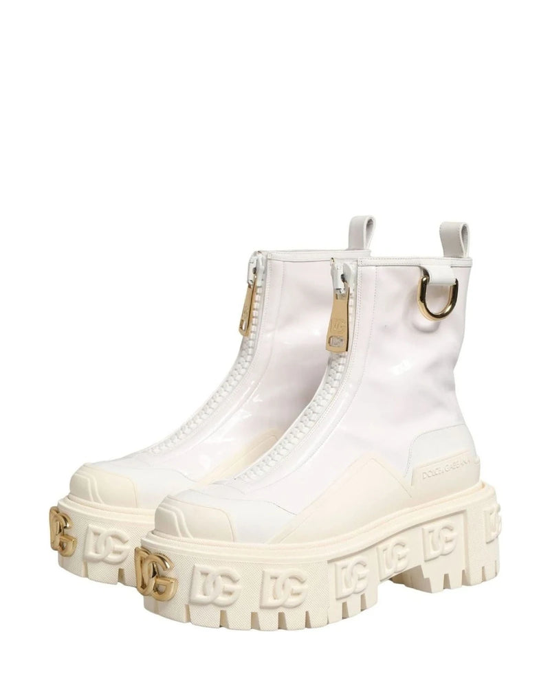 Dolce & Gabbana White Leather Rubber Logo Ankle Boots 