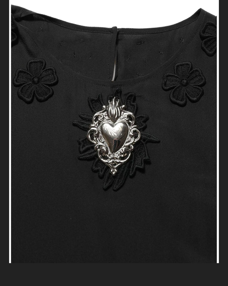 Black Floral Silk Heart Appliqué Blouse Top 