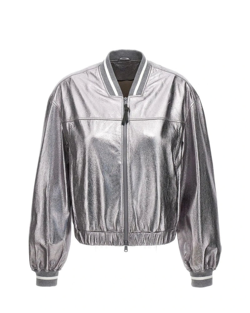 Brunello Cucinelli Bomber Jacket in silver, Leather
