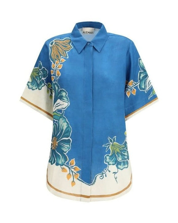 Alemais Blue Linen Pattern Shirt 