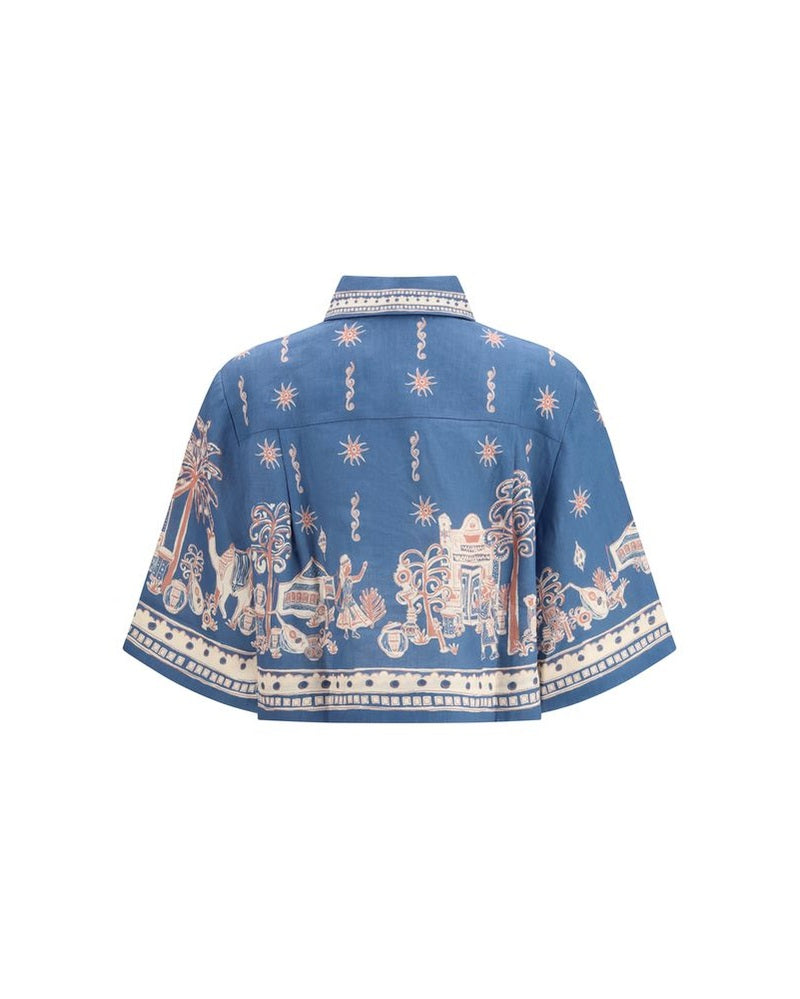 Alemais Blue Linen Pattern Shirt Glam Steals