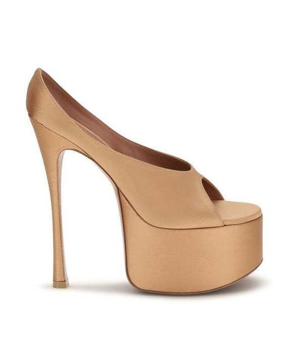 Amina Muaddi Beige Silk Platform Pumps 
