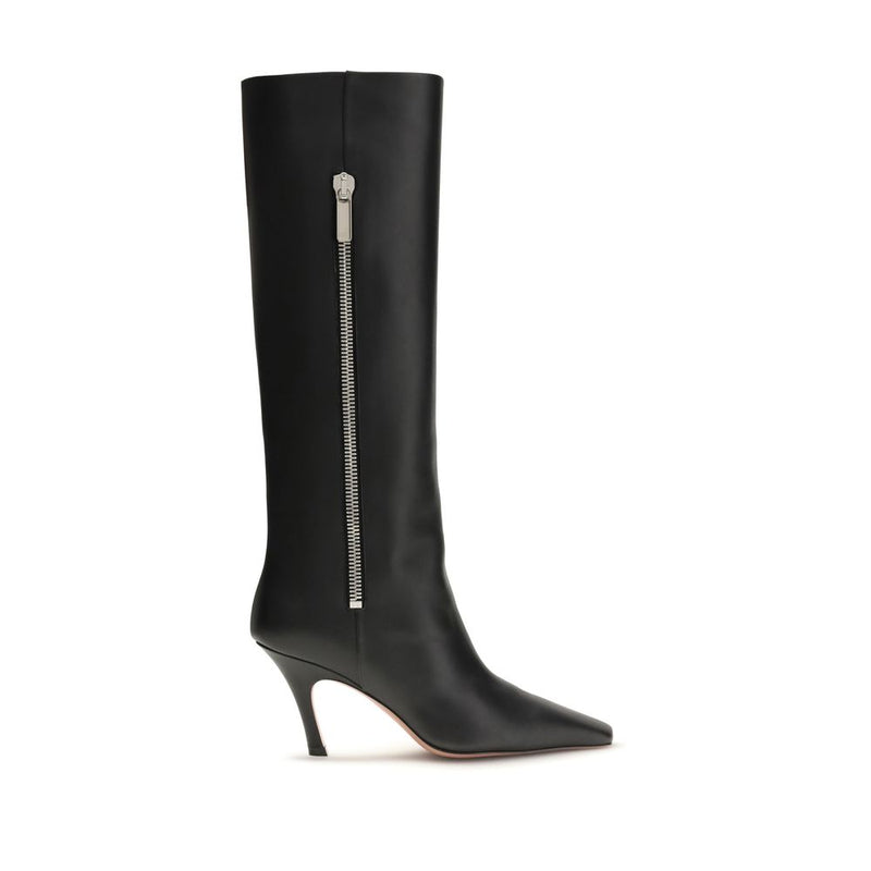 Amina Muaddi Black Calf Leather Bos Taurus High Heel Boots Glam Steals