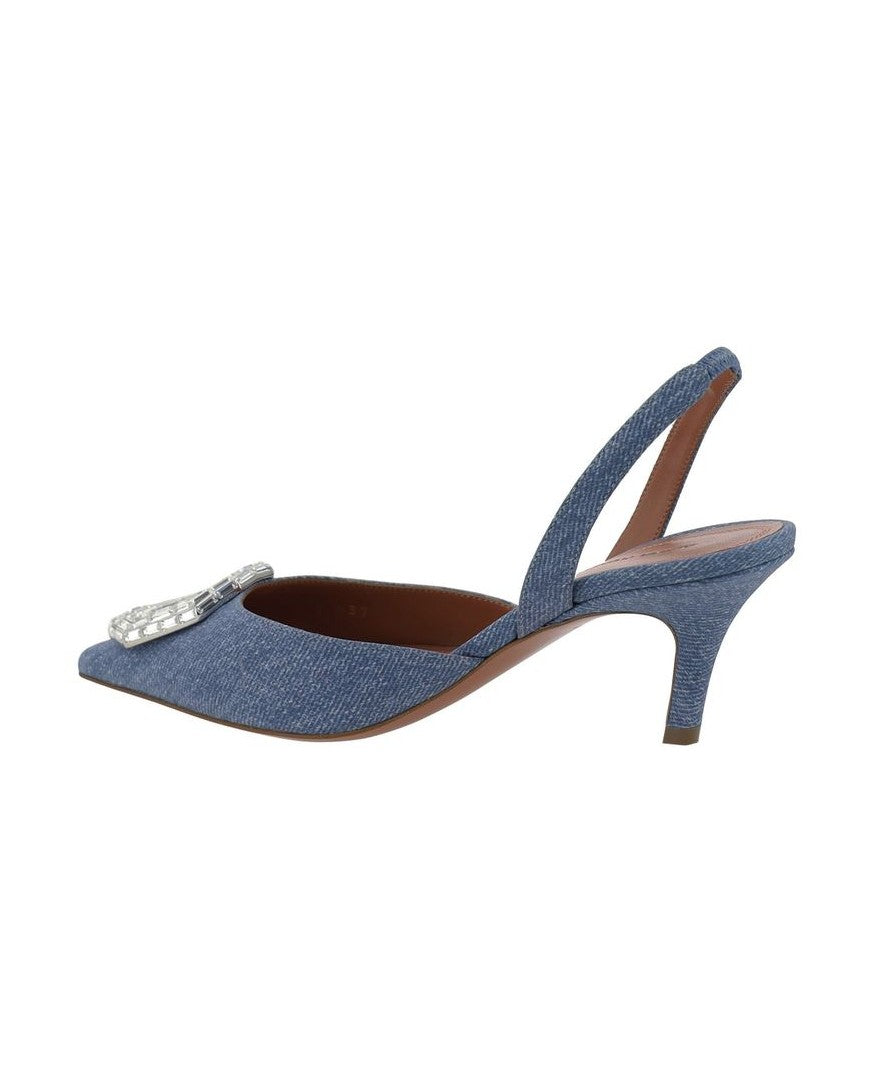 Amina Muaddi Blue Leather Nubuc High Heel Pumps 
