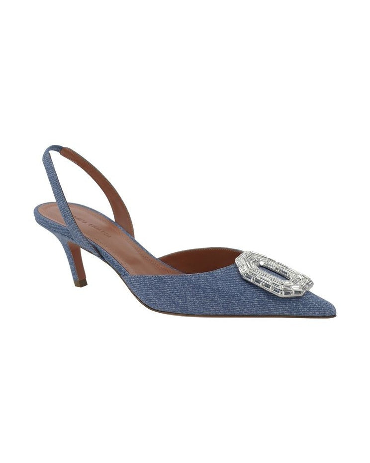 Amina Muaddi Blue Leather Nubuc High Heel Pumps 