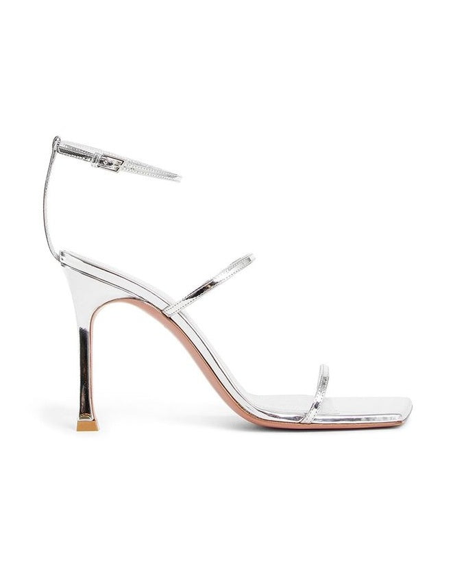 Amina Muaddi Silver Calfskin Stiletto Heel Sandals Glam Steals