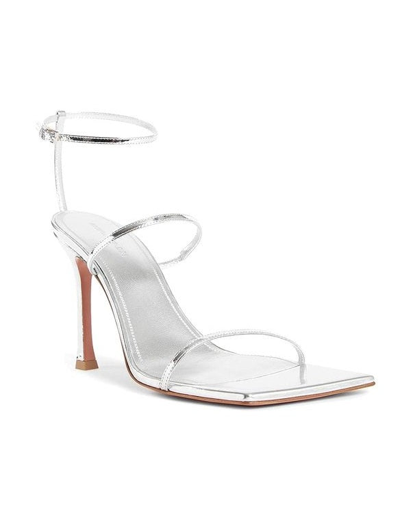 Amina Muaddi Silver Calfskin Stiletto Heel Sandals Glam Steals