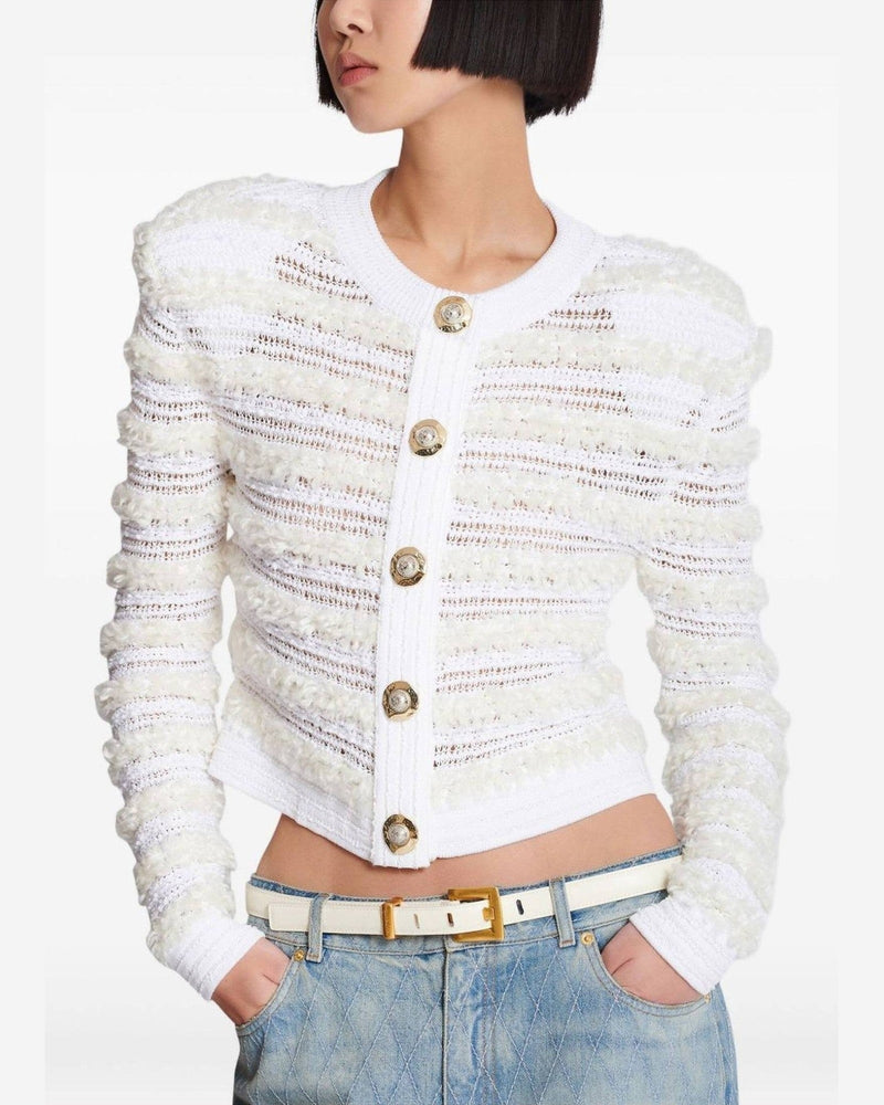 Balmain Tweed Long Sleeved Effect Knit Cardigan Glam Steals