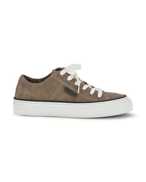 Brunello Cucinelli Beige Calf Leather Bos Taurus Low Top Sneakers 