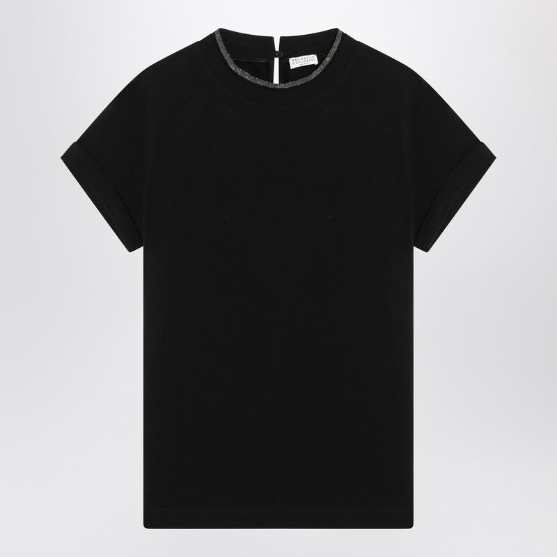 Brunello Cucinelli Black Crew Neck T-shirt with Pendant Glam Steals