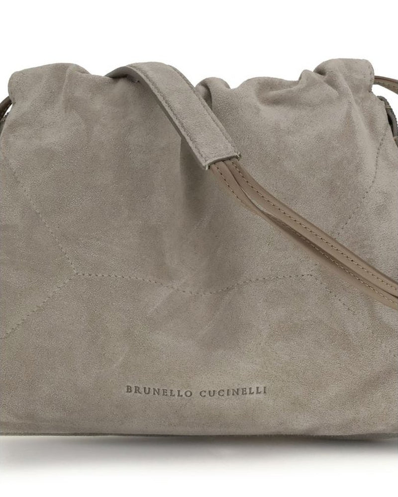 Brunello Cucinelli Gray Calf Leather Bos Taurus Shoulder Bag Shoulder Bags