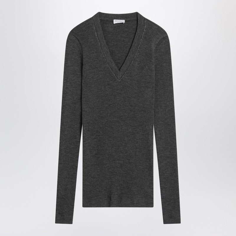 Brunello Cucinelli Grey Wool Dark Ribbed Sweater Glam Steals