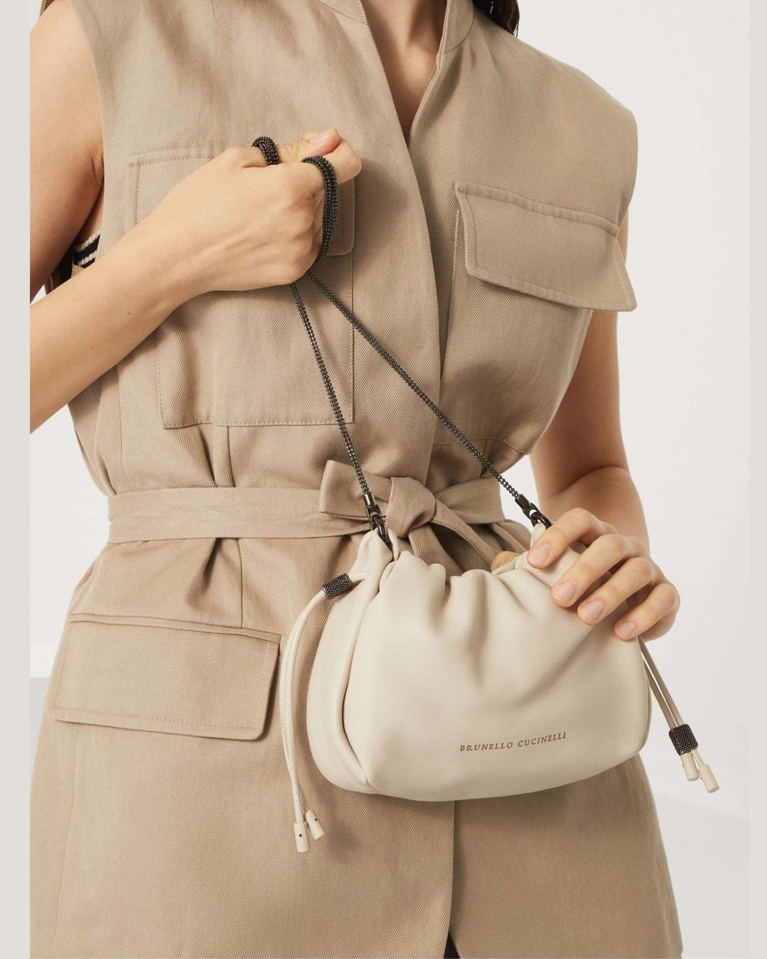 Brunello Cucinelli Leather Bucket Mellow Mini Bag in Soft with Precious Chain Glam Steals