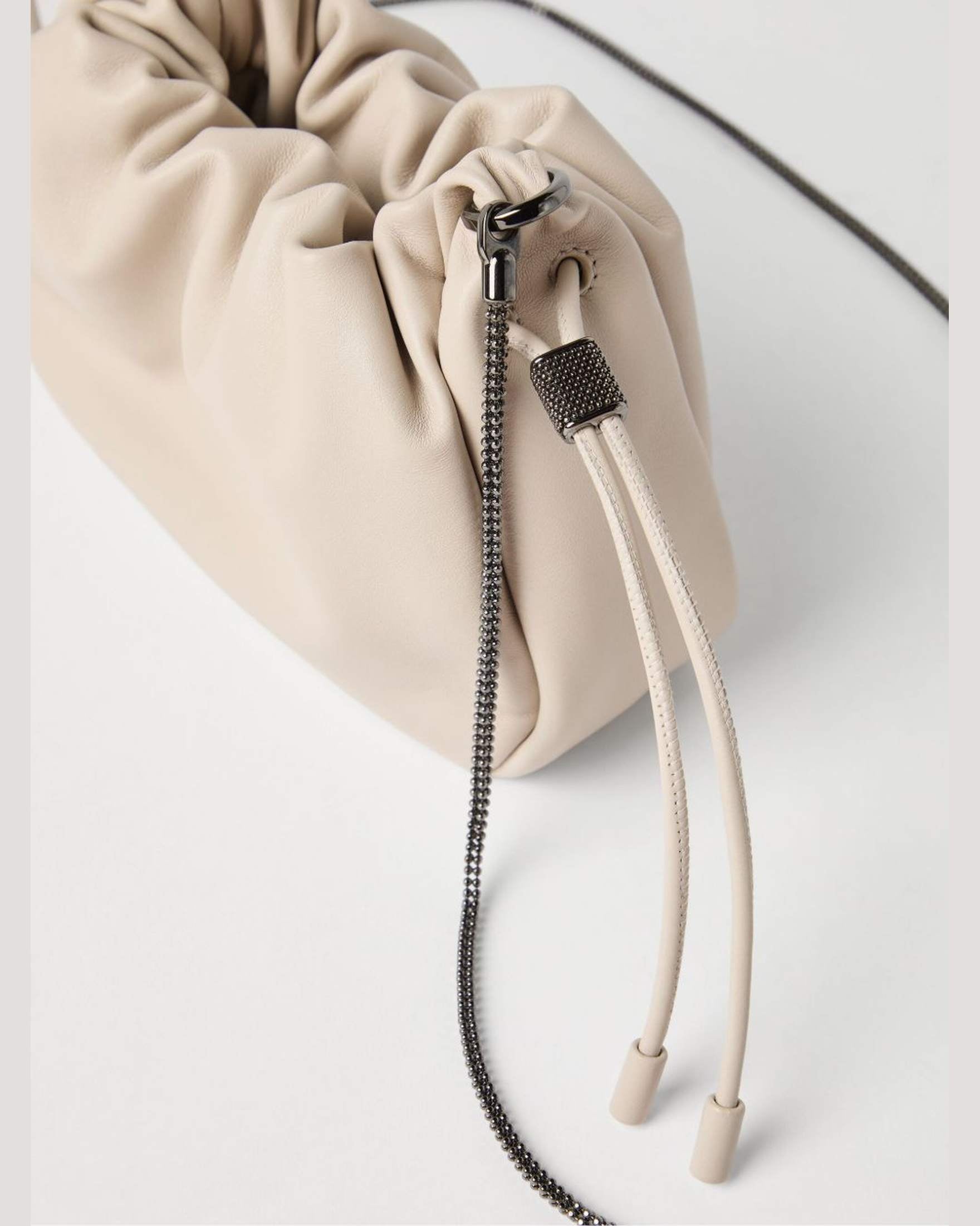 Brunello Cucinelli Leather Bucket Mellow Mini Bag in Soft with Precious Chain Glam Steals