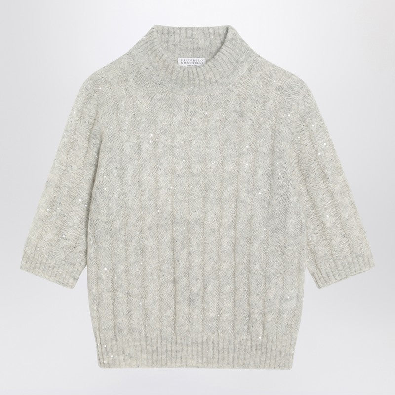 Brunello Cucinelli Light Grey Cable Knit Sweater in Mohair Blend Glam Steals