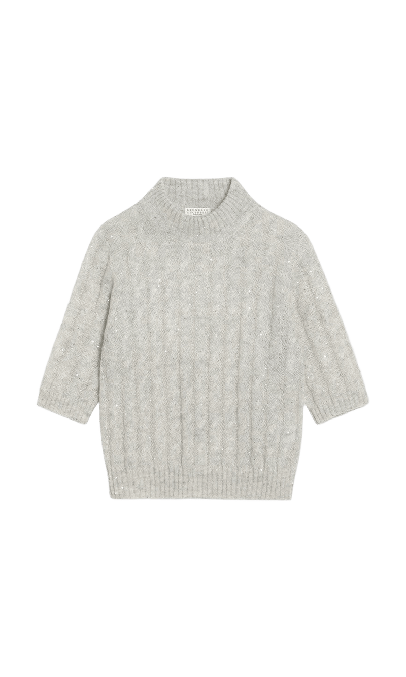 Brunello Cucinelli Light Grey Cable Knit Sweater in Mohair Blend Glam Steals