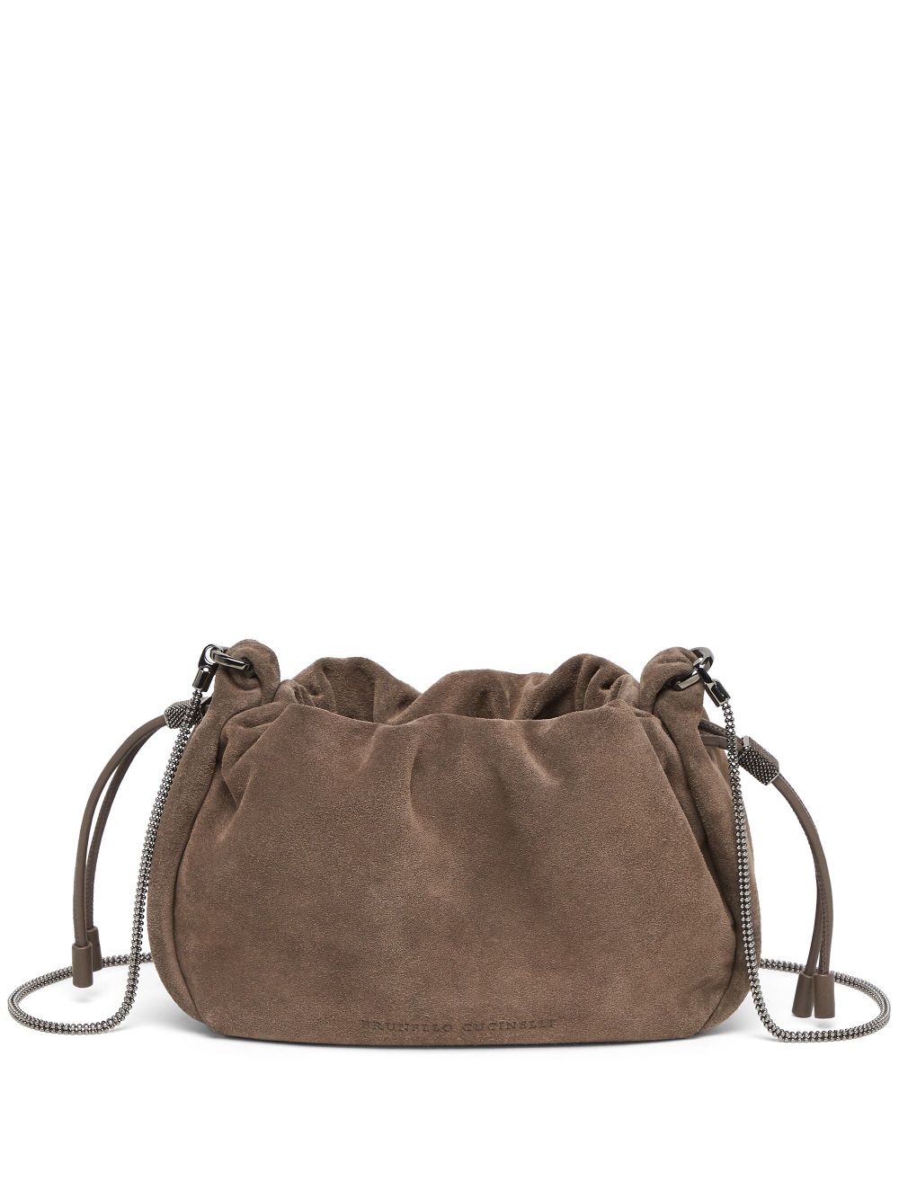 Brunello Cucinelli Suede Mellow Mini Bucket Bag in with Precious Chain Glam Steals