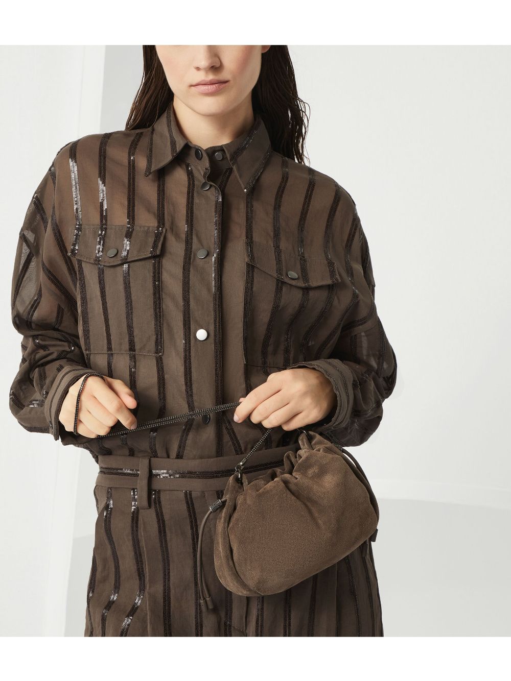 Brunello Cucinelli Suede Mellow Mini Bucket Bag in with Precious Chain Glam Steals