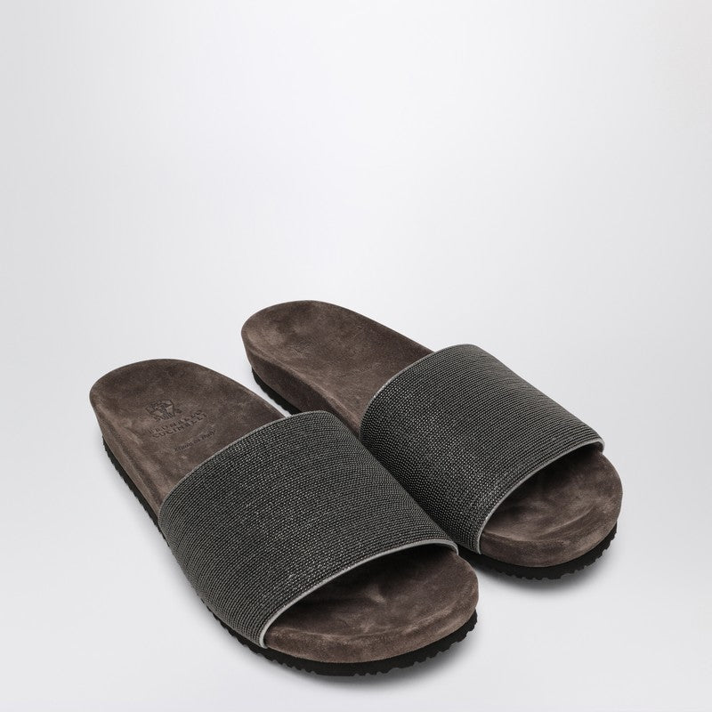 Brunello Cucinelli Taupe Suede Precious Slides Glam Steals