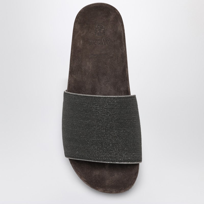 Brunello Cucinelli Taupe Suede Precious Slides Glam Steals