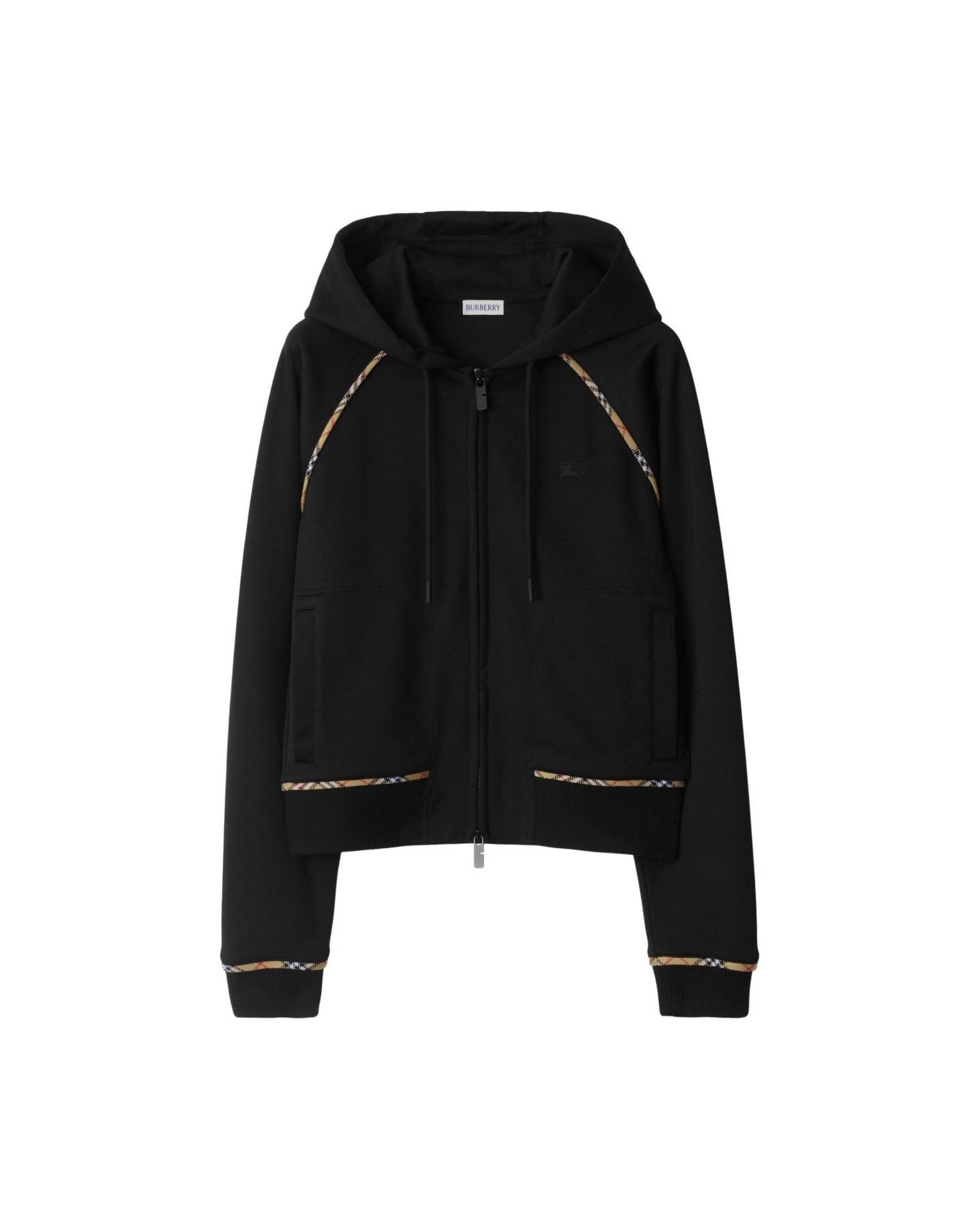 Burberry Cotton Blend Zip Up Hoodie with Check Trim Glam Steals