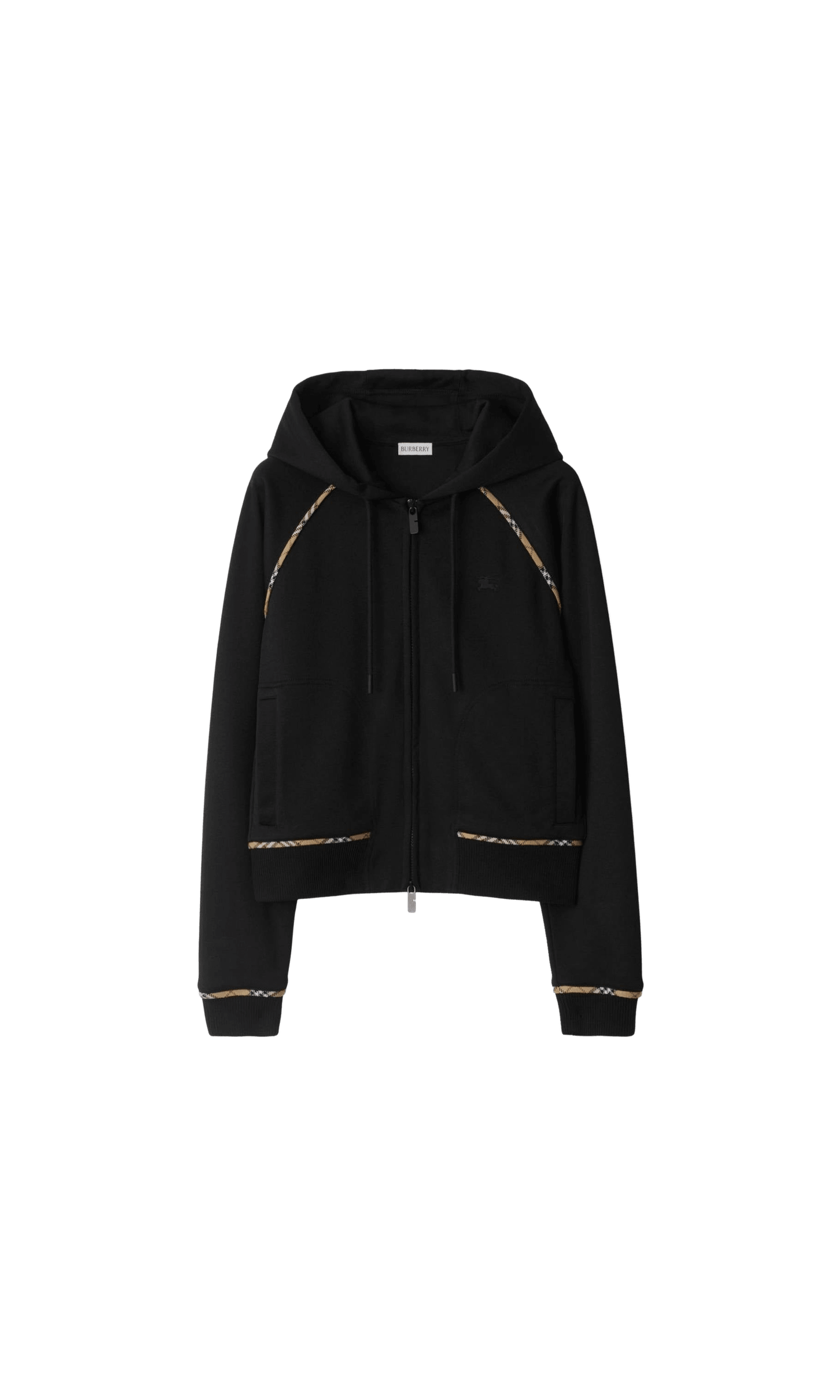 Burberry Cotton Blend Zip Up Hoodie with Check Trim Glam Steals